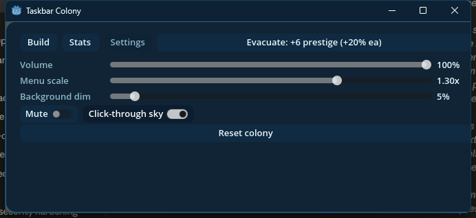 The colony command window: build, stats and settings tabs